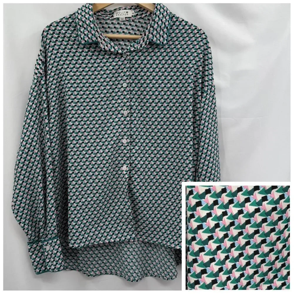 Molly Bracken Geometric Abstract Print Button Down Blouse in Multi | Medium